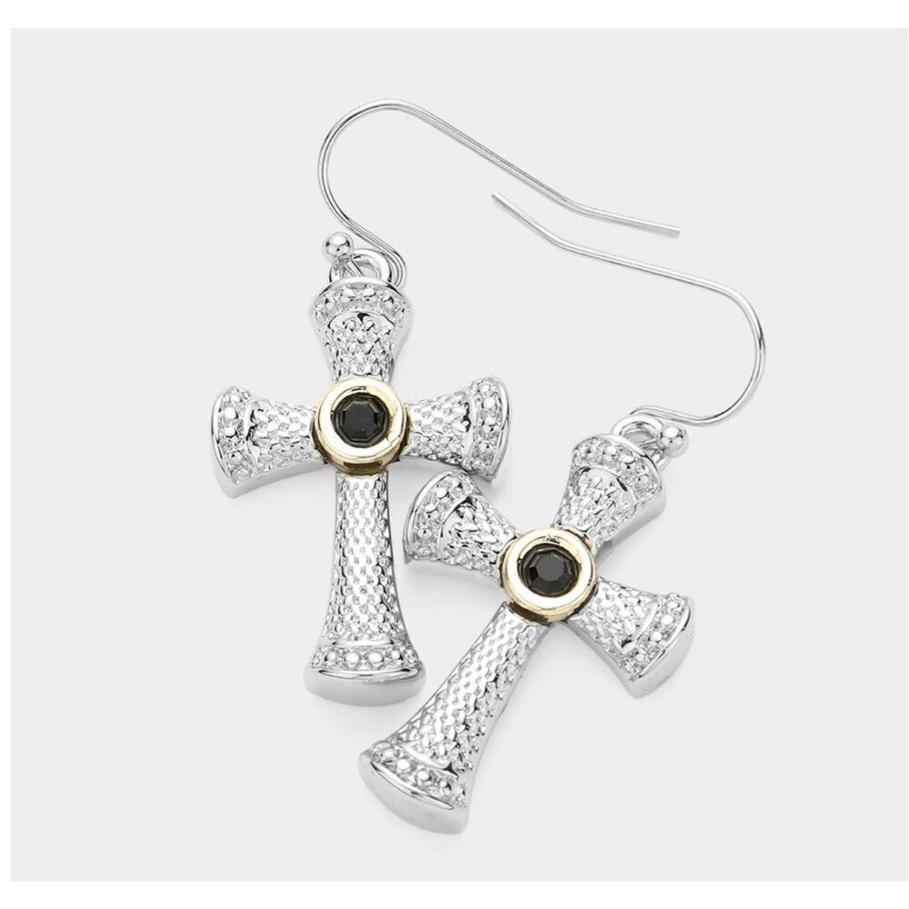 NWT MX silver tone Celtic cross earrings cut glass centers .